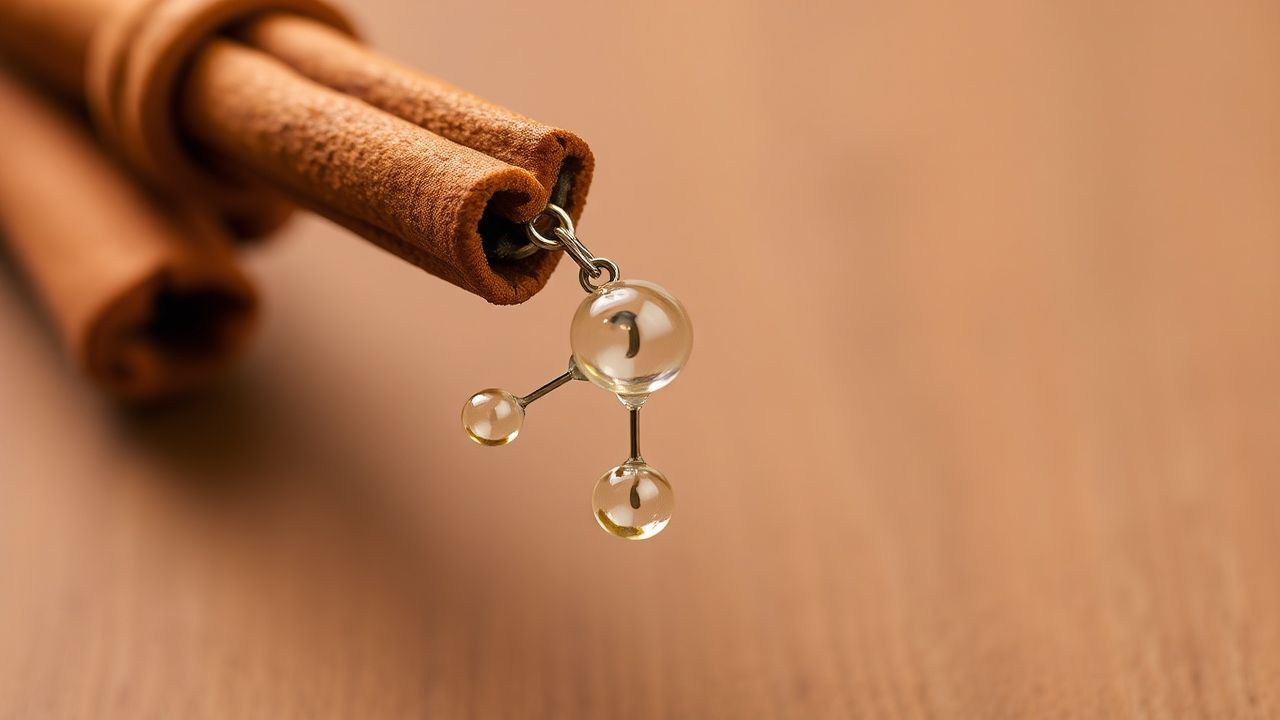 قرفة مع تمثيل جزيء السينامالدهيد لشرح سحره الكيميائي