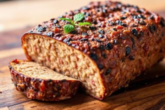 كتلة سيتان مطبوخة تشبه اللحم مع توضيح علمي لبنيتها ونكهتها