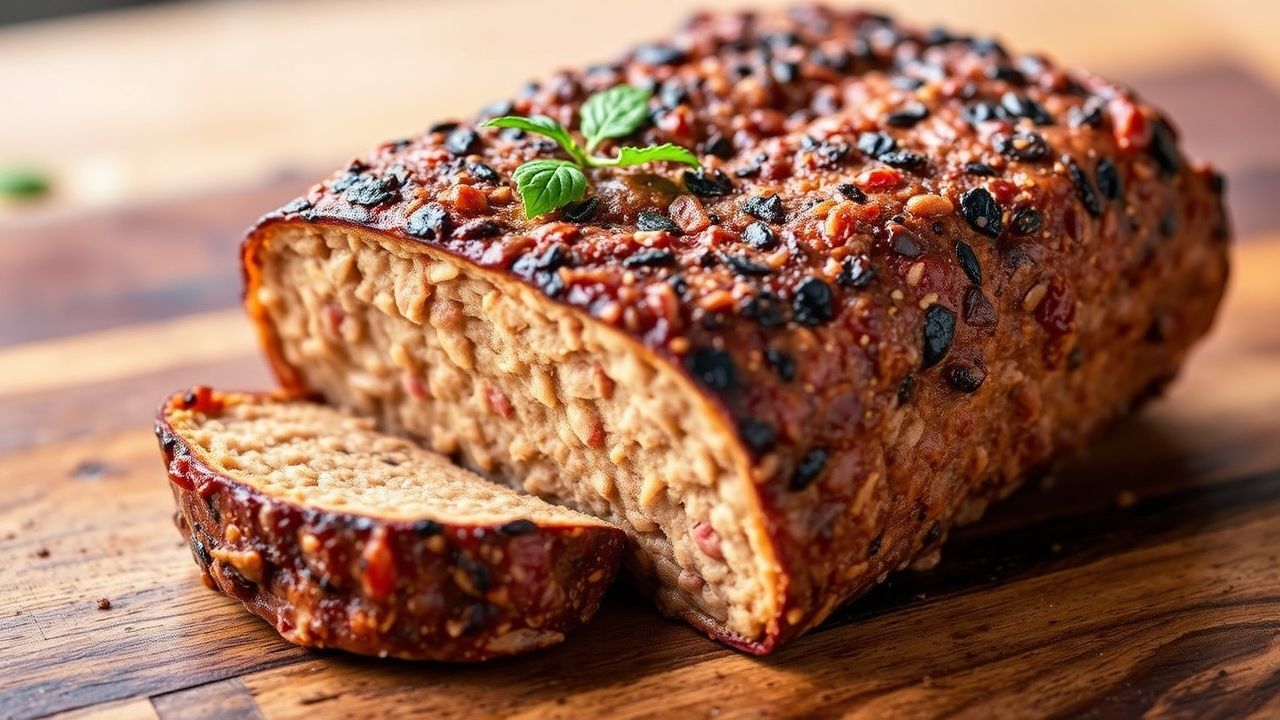 كتلة سيتان مطبوخة تشبه اللحم مع توضيح علمي لبنيتها ونكهتها