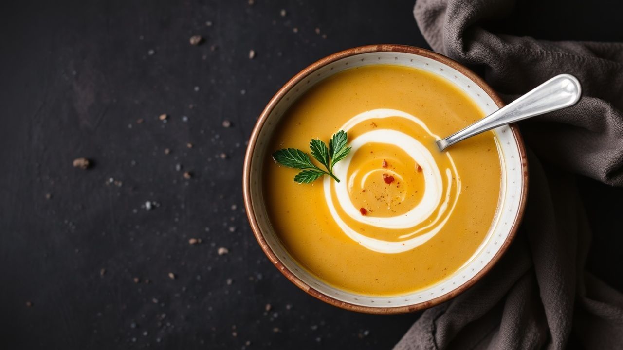 وعاء شوربة باهت اللون مع ملح وأعشاب طازجة وملعقة خشبية جانبية