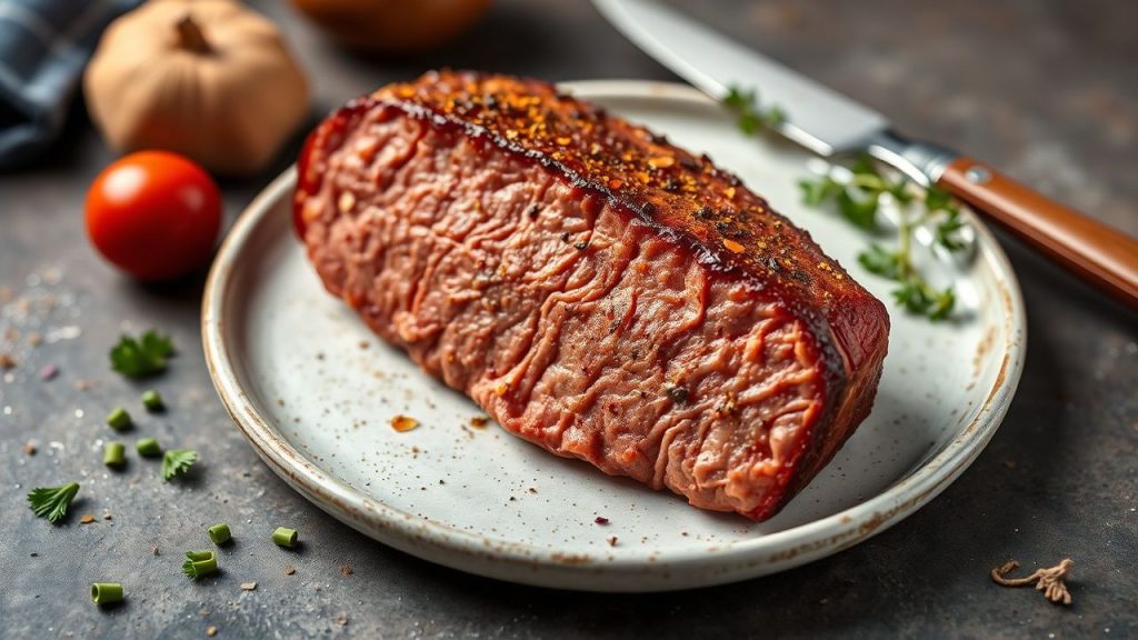 شريحة سيتان مطهوة تشبه اللحم مع توابل وأعشاب طازجة