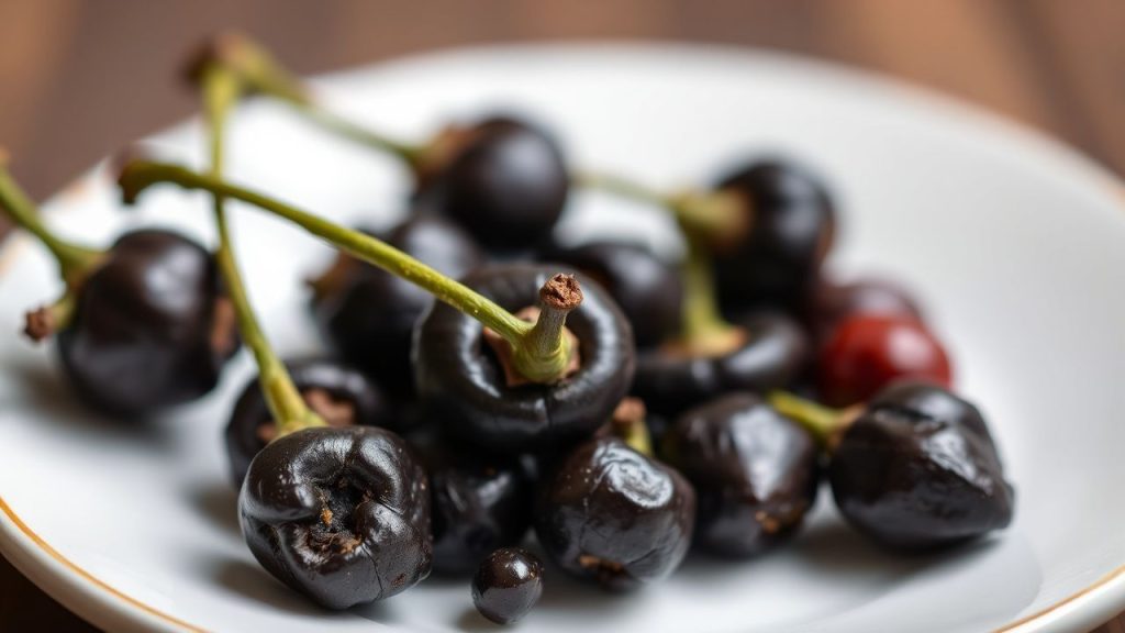 Scattered black peppercorns revealing piperine, the spicy compound and health-related effects