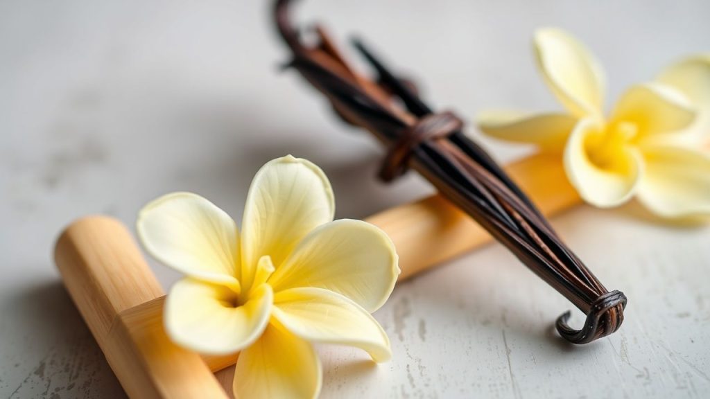 جزيء الفانيلين فوق حبوب الفانيليا يرمز للكيمياء وراء رائحة دافئة ومريحة