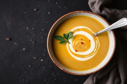 وعاء شوربة باهت اللون مع ملح وأعشاب طازجة وملعقة خشبية جانبية