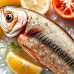 سمك طازج على لوح تقطيع مع ليمون وأعشاب لإزالة رائحة وطعم السمك