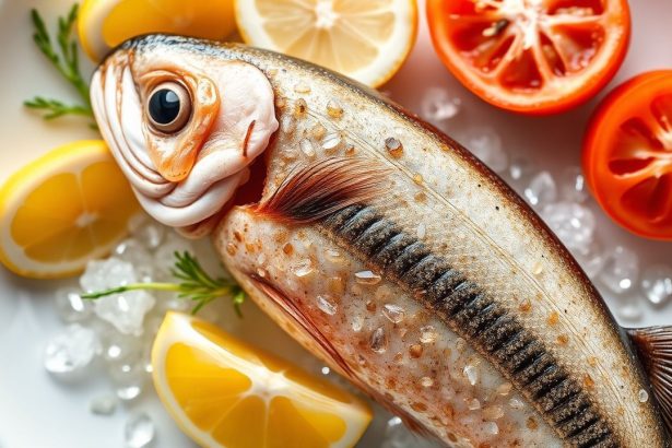 سمك طازج على لوح تقطيع مع ليمون وأعشاب لإزالة رائحة وطعم السمك