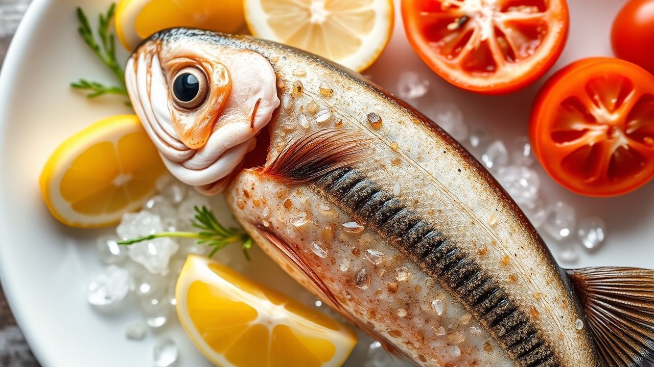 سمك طازج على لوح تقطيع مع ليمون وأعشاب لإزالة رائحة وطعم السمك