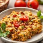 قطع تمبيه محمصة على لوح خشبي مع فول الصويا وأوراق خضراء