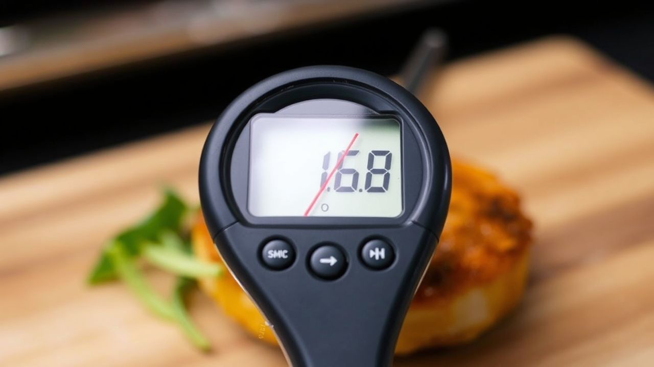 شيف يقيس درجة حرارة لحم مشوي أثناء الراحة لضمان طهي مثالي