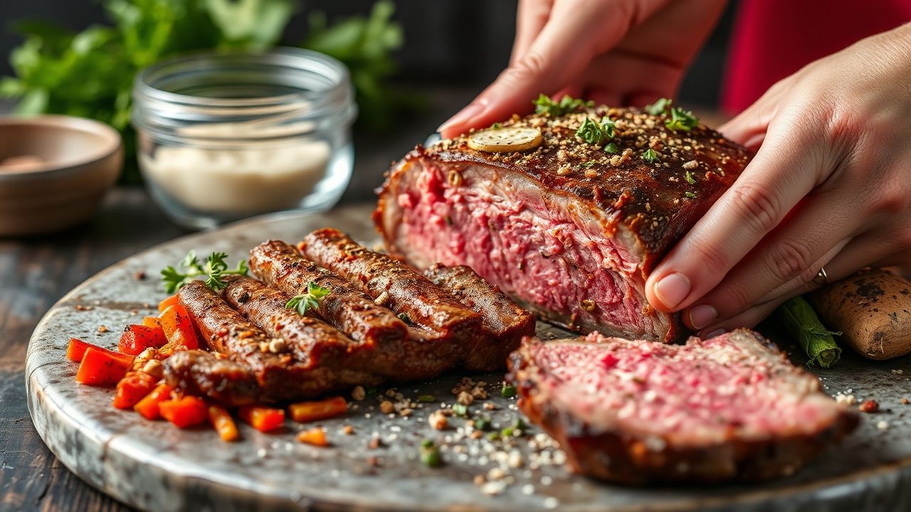 وعاء تمليح مع شرائح لحم وأعشاب يبرز سحر التمليح المثالي وعلومه