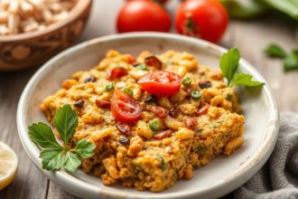 قطع تمبيه محمصة على لوح خشبي مع فول الصويا وأوراق خضراء