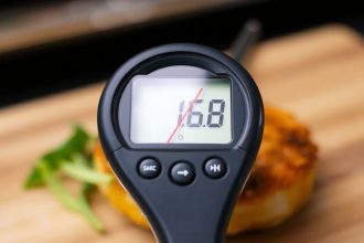 شيف يقيس درجة حرارة لحم مشوي أثناء الراحة لضمان طهي مثالي