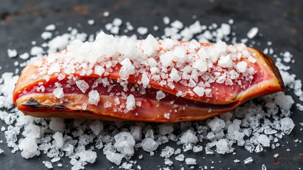 قطعة لحم مملّحة مع بلورات الملح توضّح علم حفظ اللحوم