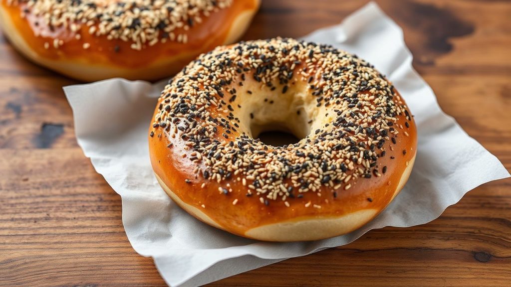 Fresh baked bagels on a rack