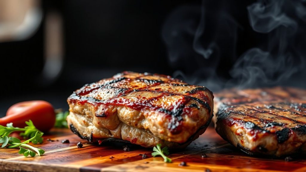 Grilled steak on board