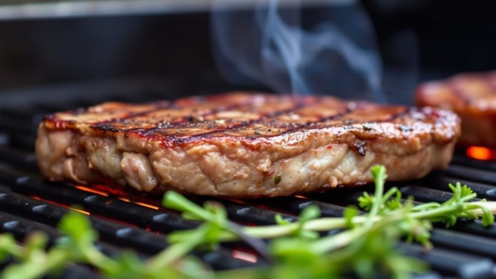 Sliced grilled steak on wooden board