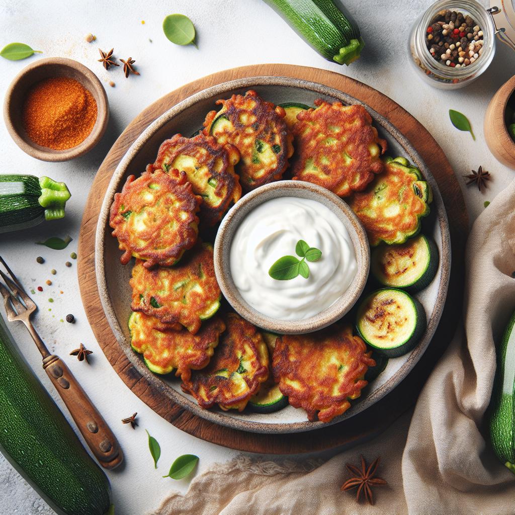 Crispy Zucchini Fritters Perfectly Paired with Tangy Yogurt Dip