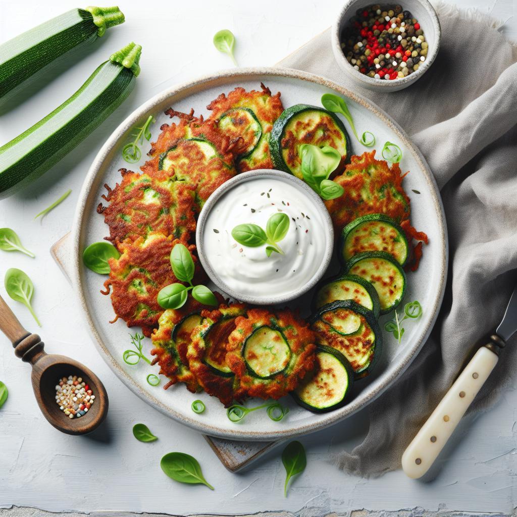 Crispy Zucchini Fritters Perfectly Paired with Tangy Yogurt Dip
