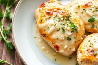 Creamy Garlic Chicken with melted Parmesan and fresh herbs on a rustic white plate