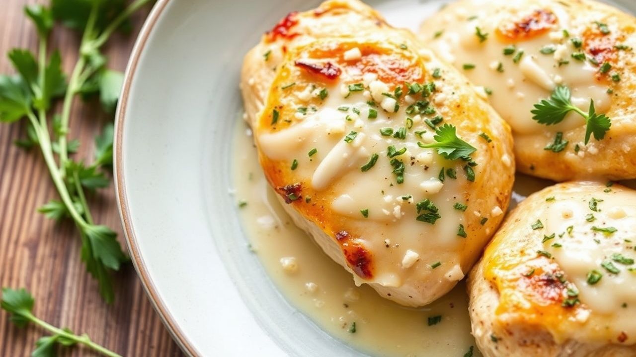 Creamy Garlic Chicken with melted Parmesan and fresh herbs on a rustic white plate