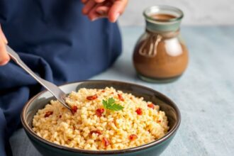 Vibrant bowls of fluffy couscous topped with roasted vegetables, herbs, and lemon wedges