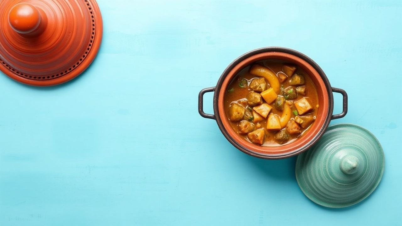 Traditional clay Tagine filled with aromatic Moroccan stew garnished with herbs and preserved lemon