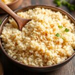 Fluffy golden Couscous in a bowl garnished with herbs and lemon zest.