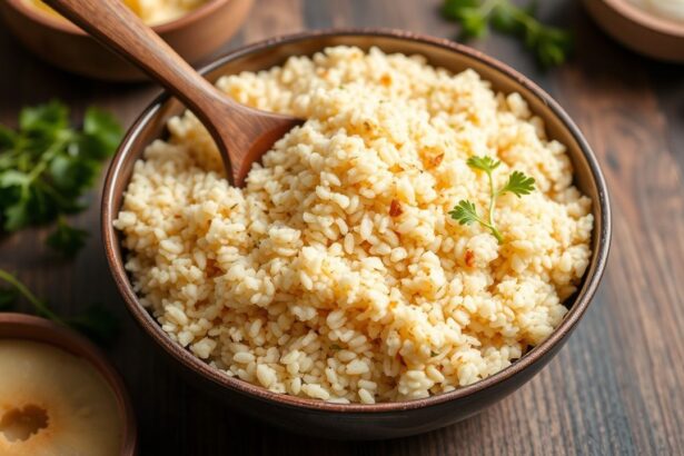 Fluffy golden Couscous in a bowl garnished with herbs and lemon zest.