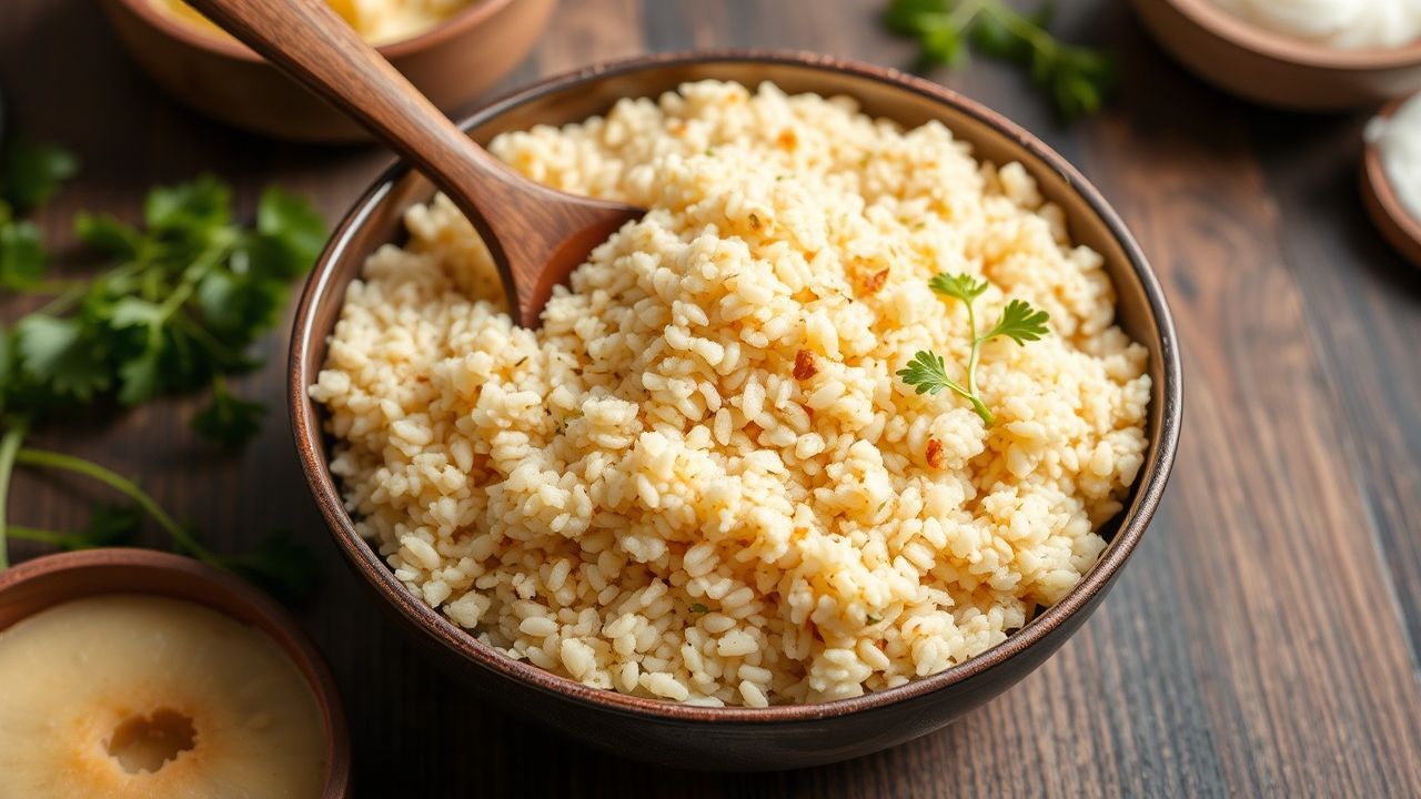 Fluffy golden Couscous in a bowl garnished with herbs and lemon zest.