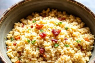 Colorful Moroccan Couscous platter with vegetables, chickpeas, and herbs on a rustic table