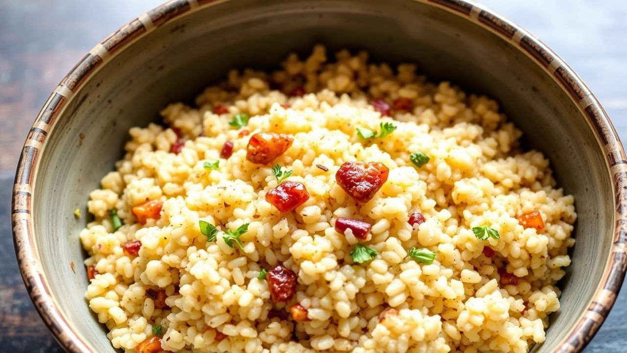 Colorful Moroccan Couscous platter with vegetables, chickpeas, and herbs on a rustic table