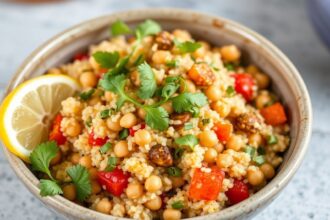 Colorful bowl of Vegan Couscous with roasted vegetables, herbs, and lemon wedges.