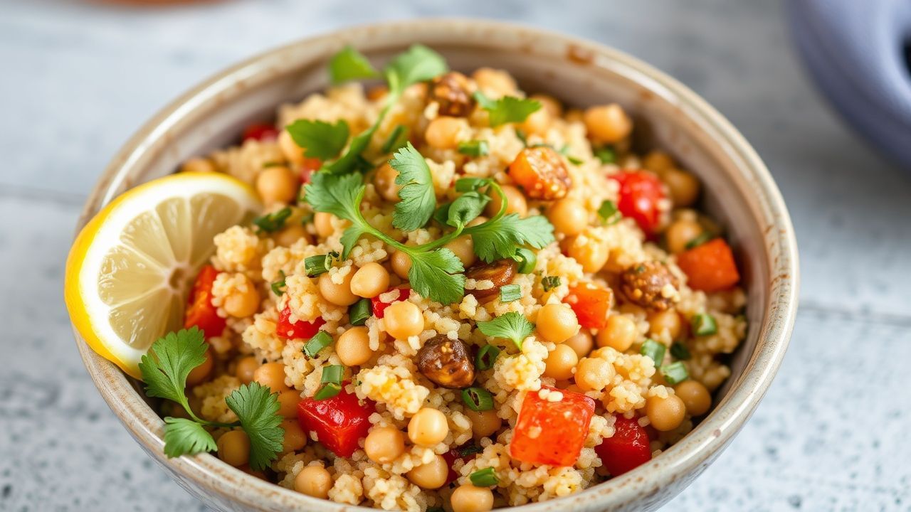 Colorful bowl of Vegan Couscous with roasted vegetables, herbs, and lemon wedges.