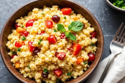 Colorful bowls of couscous dinners with roasted vegetables and fresh herbs, quick ten-minute meals