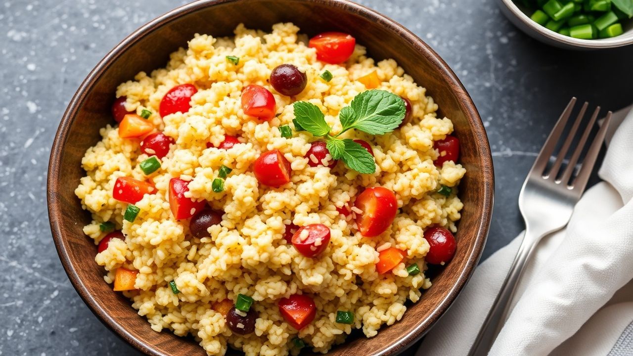 Colorful bowls of couscous dinners with roasted vegetables and fresh herbs, quick ten-minute meals