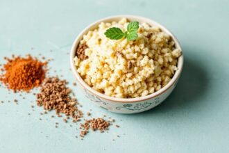 Colorful jars of spice blends beside steaming couscous with herbs and lemon