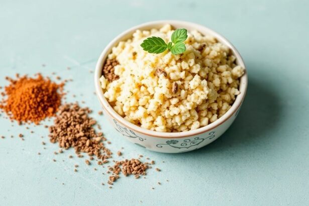 Colorful jars of spice blends beside steaming couscous with herbs and lemon