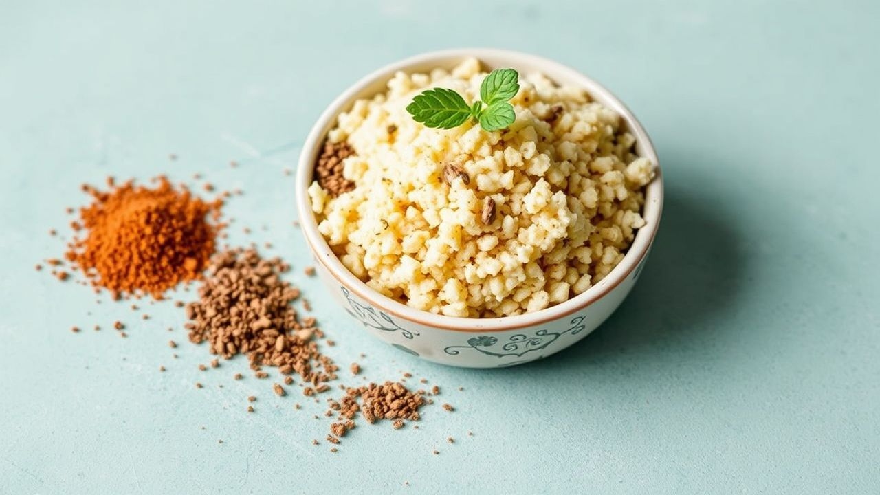 Colorful jars of spice blends beside steaming couscous with herbs and lemon