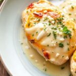 Creamy Garlic Chicken with melted Parmesan and fresh herbs on a rustic white plate