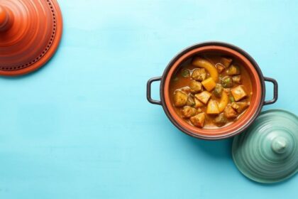 Traditional clay Tagine filled with aromatic Moroccan stew garnished with herbs and preserved lemon