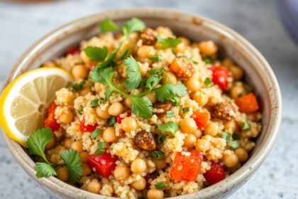 Colorful bowl of Vegan Couscous with roasted vegetables, herbs, and lemon wedges.