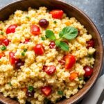 Colorful bowls of couscous dinners with roasted vegetables and fresh herbs, quick ten-minute meals
